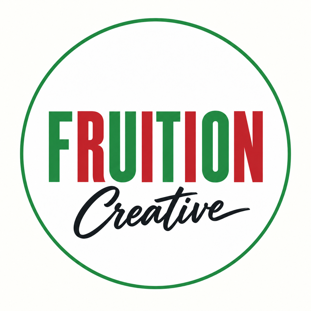 Fruition Creative circular logo with red and green lettering and a brush-script Creative